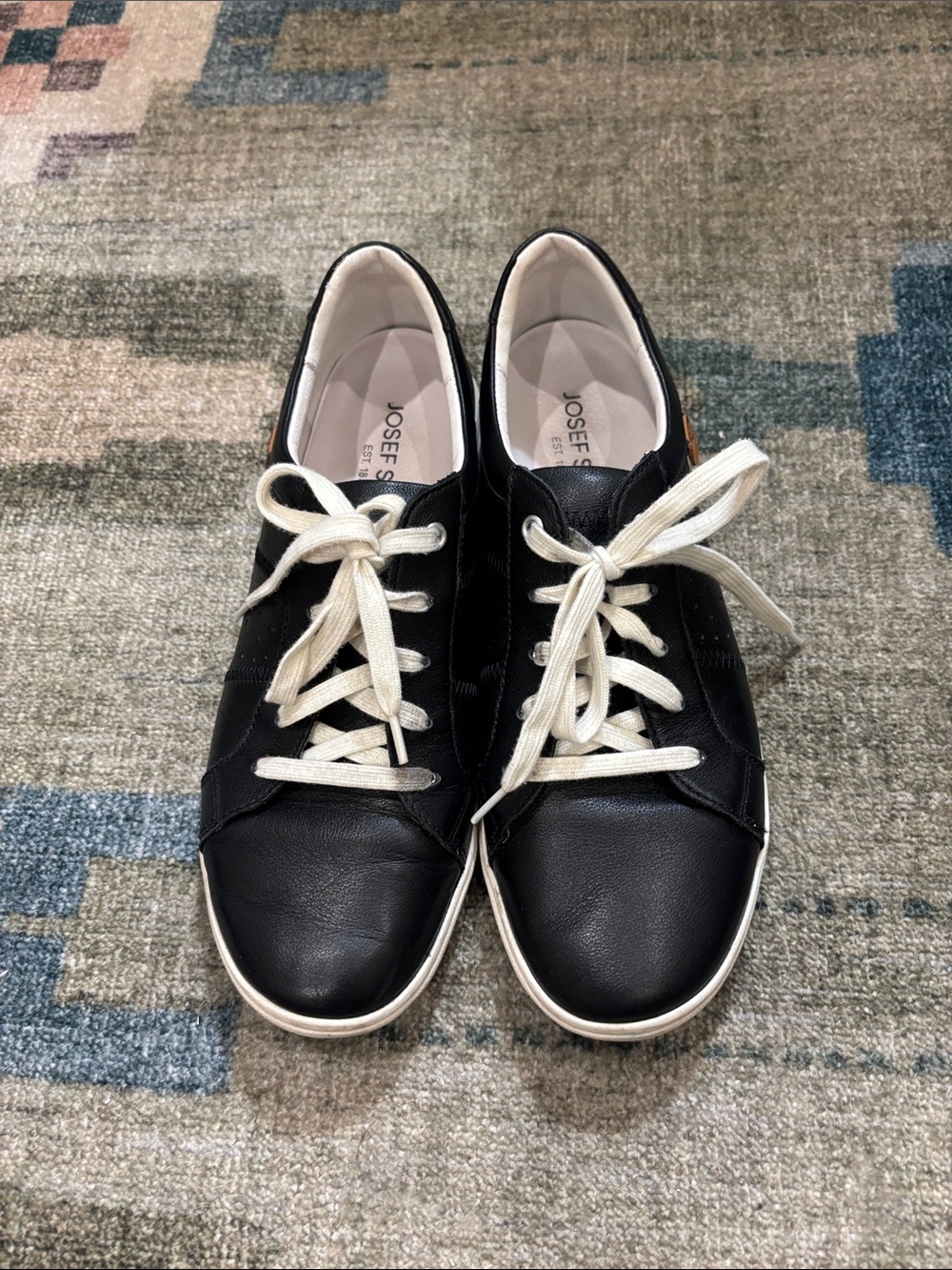 Josef Seibel Black Leather Low-Top Sneakers with Cream Laces